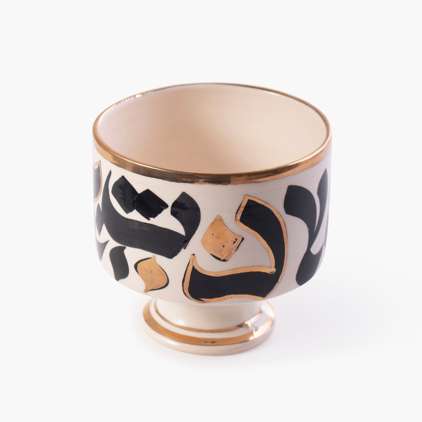 Black and white hand-painted ceramic stemmed glass with an imprint in 14 carat gold- Calligraphy Collection