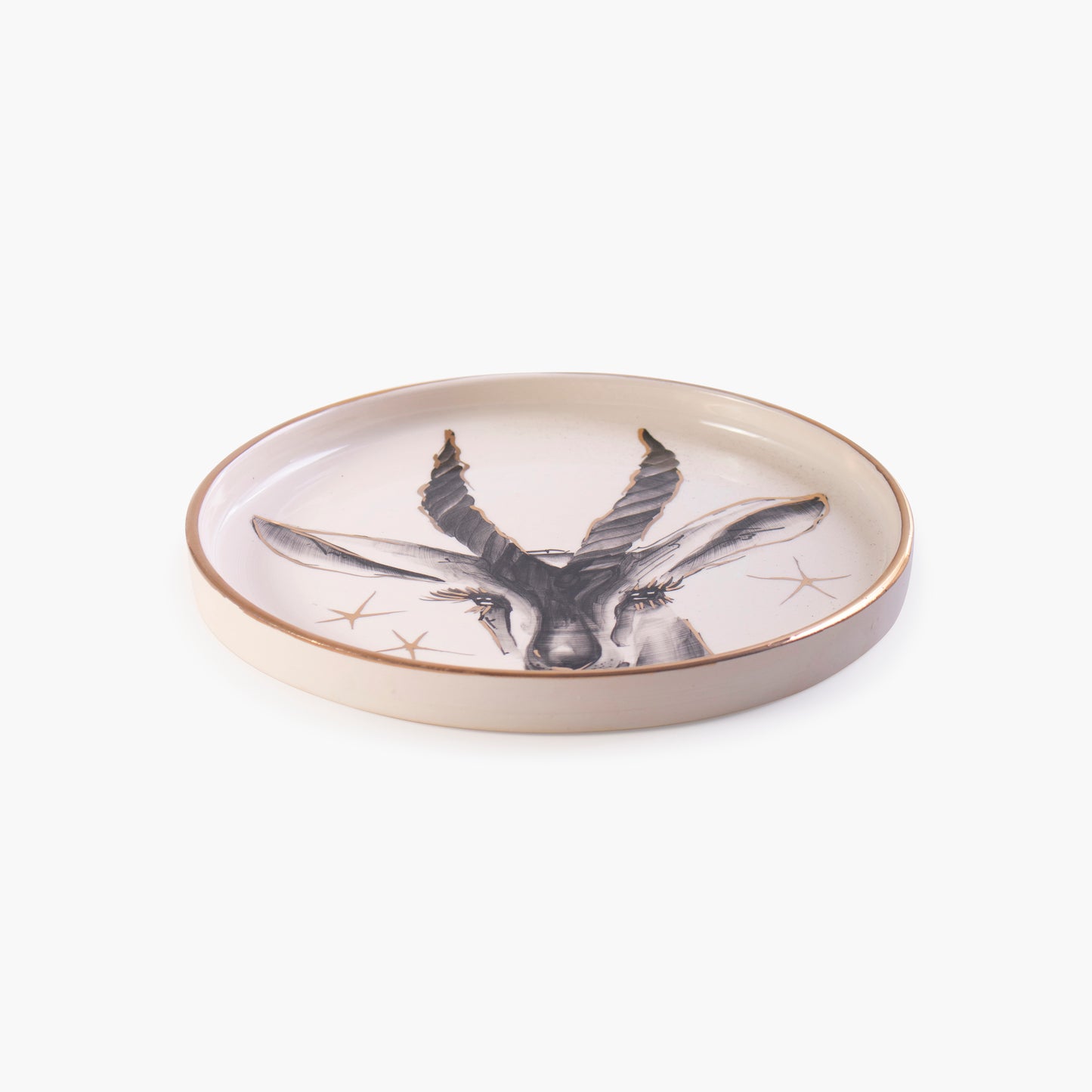 Deer head hand-painted, ceramic dessert plate, adorned with 14 Carat Gold - Tête de Cerf Collection