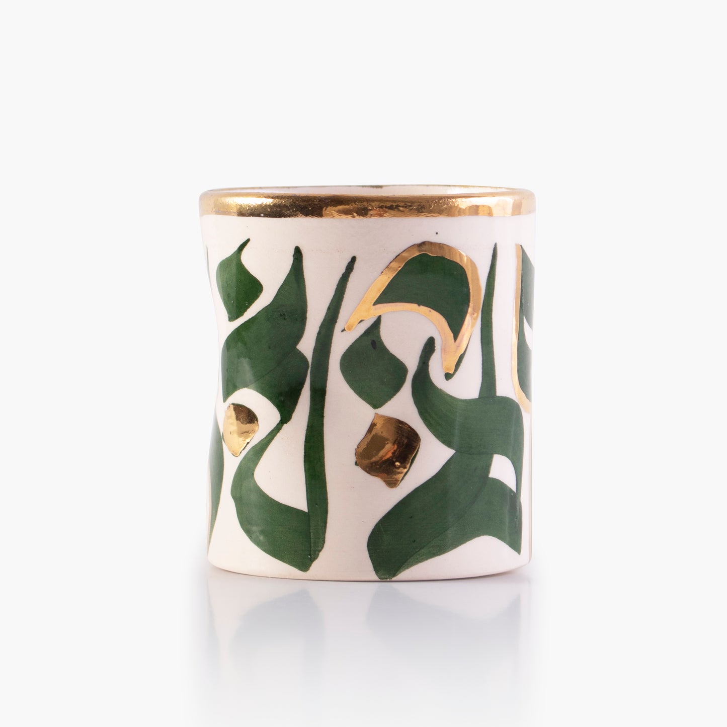 Green and white hand-painted ceramic mug adorned with 14 Carat Gold - Calligraphy Collection