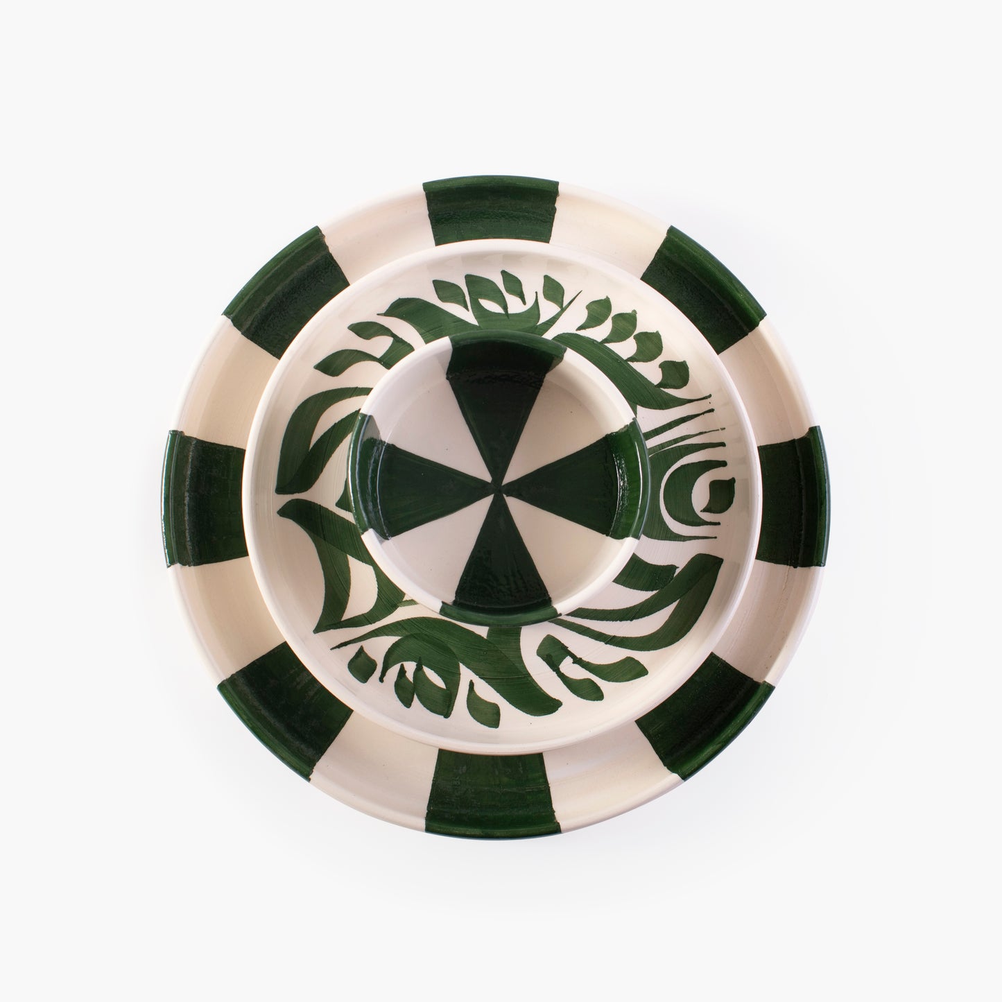 Green and white hand-painted ceramic presentation plate - Circus Collection