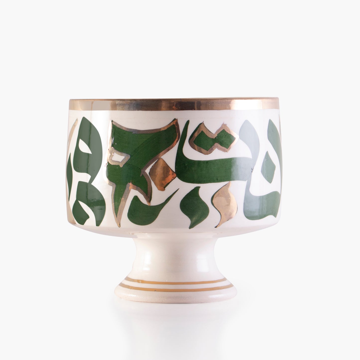 Green and white hand-painted ceramic stemmed glass with 14 carat gold - Calligraphy Collection