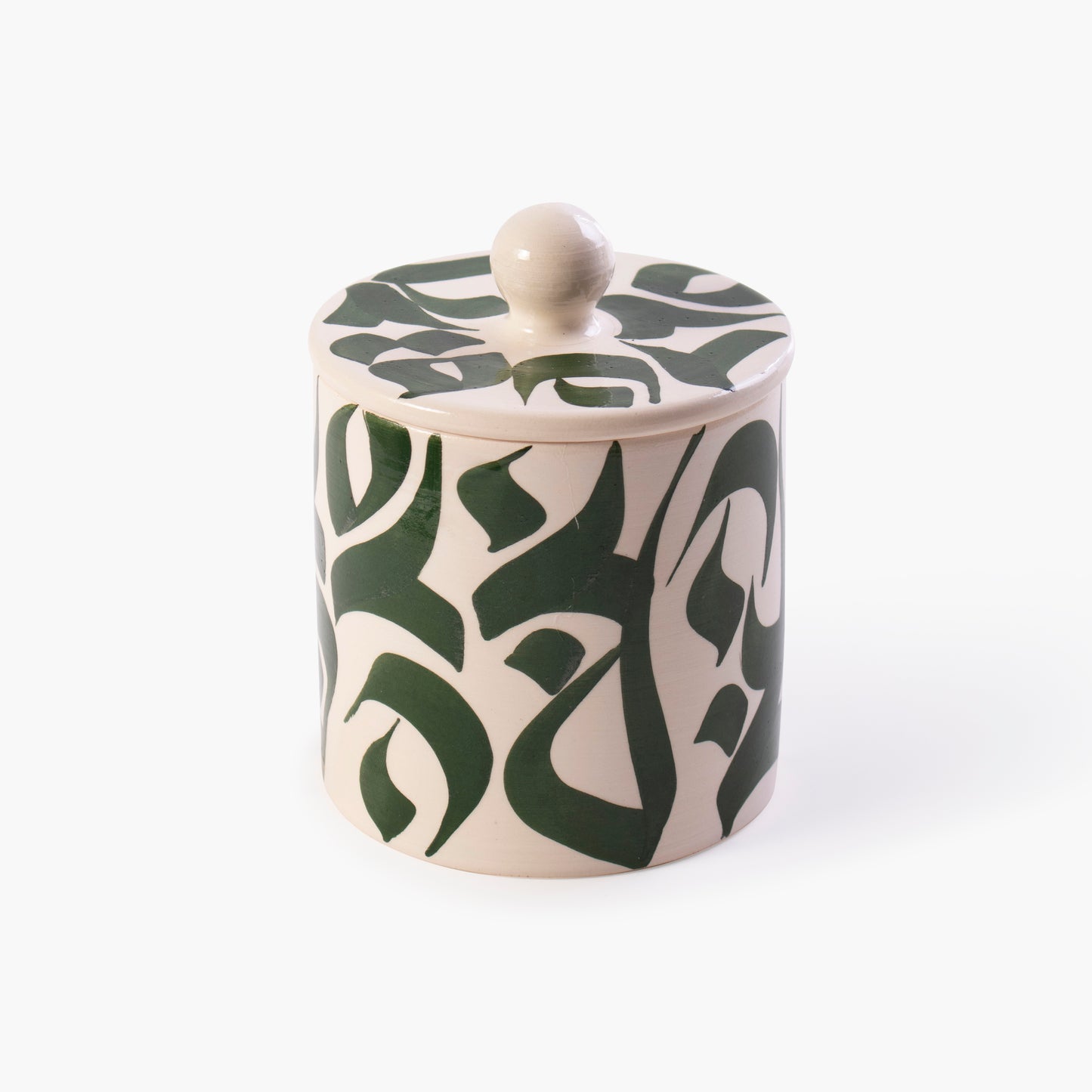 Bougie jasmin en céramique peinte à la main blanche et verte, avec couvercle - Collection Calligraphie