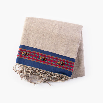 Hand-embroidered "Hayek" scarf in wool and linen - Beige and blue