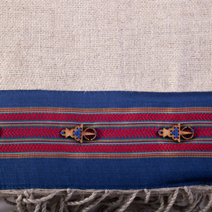 Hand-embroidered "Hayek" scarf in wool and linen - Beige and blue