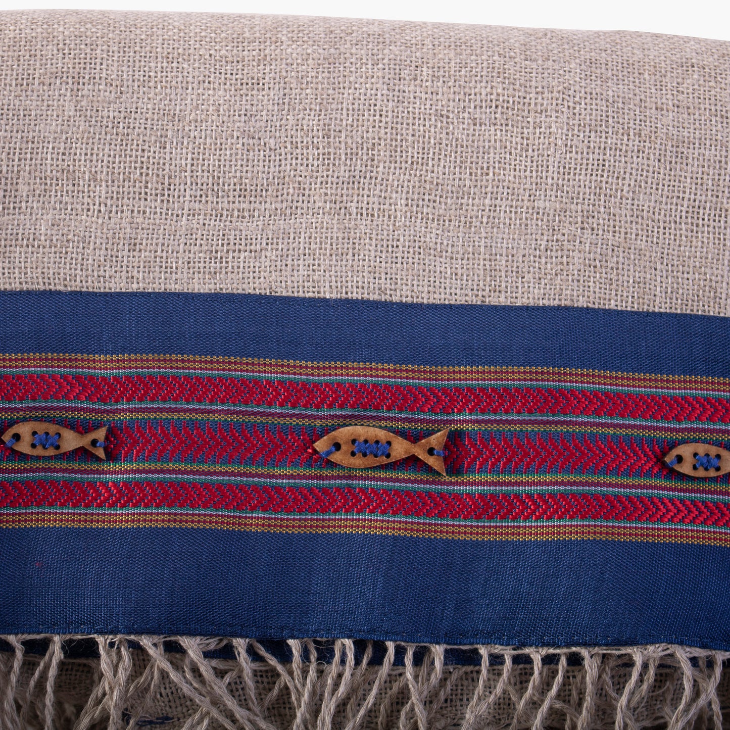 Hand-embroidered "Hayek" scarf in wool and linen - Beige and blue