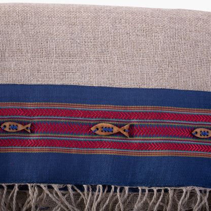 Hand-embroidered "Hayek" scarf in wool and linen - Beige and blue