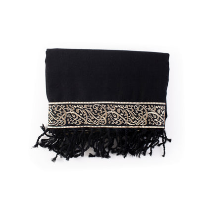 Hand-embroidered "Hayek" scarf in wool and linen - Black and gold