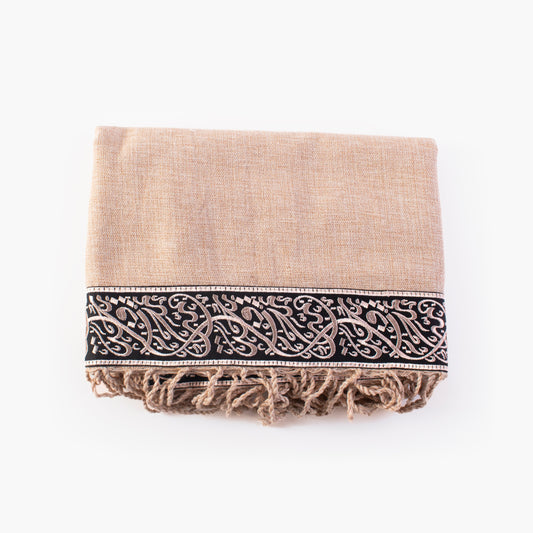 Hand-embroidered "Hayek" scarf in wool and linen - beige and black