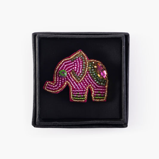 Hand embroidered brooch with rhinestones - Fuchsia pink elephant