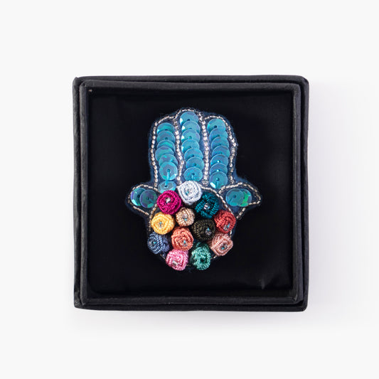 Hand embroidered brooch with rhinestones - Hand of fatma in blue