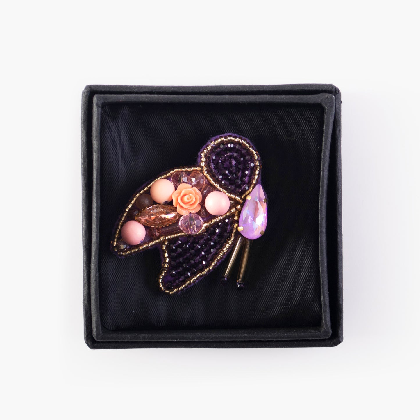 Hand embroidered brooch with rhinestones - Purple butterfly