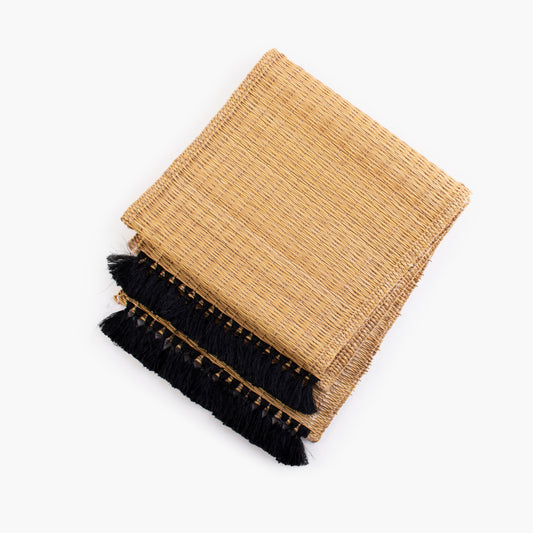 Handwoven wild rush table runner with black silk thread tassels - Natural finish