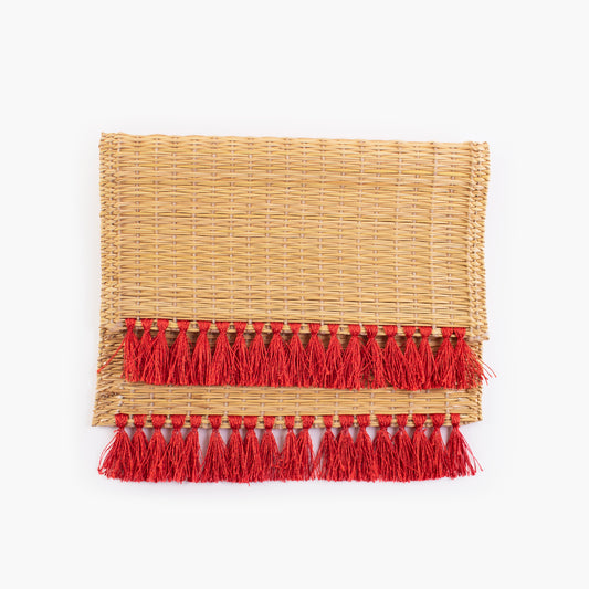 Handwoven wild rush table runner with red silk thread tassels - Natural finish