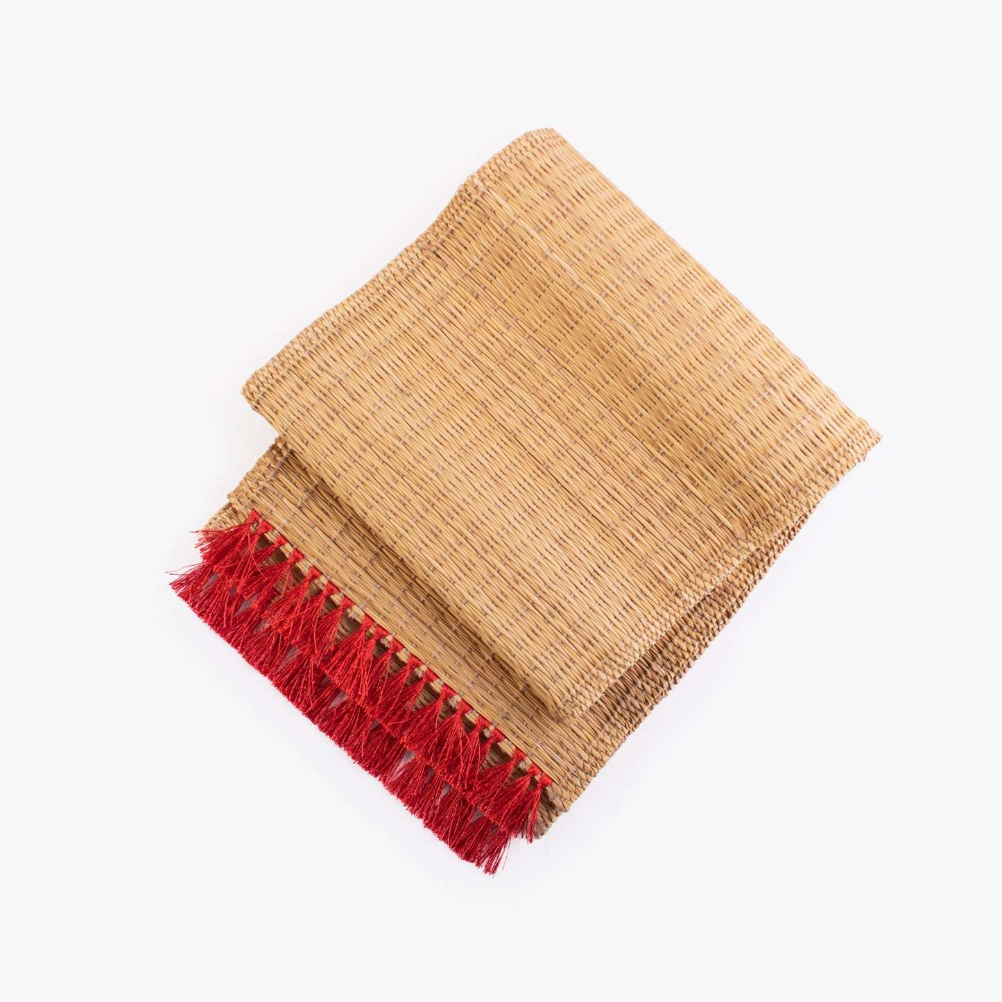 Handwoven wild rush table runner with red silk thread tassels - Natural finish