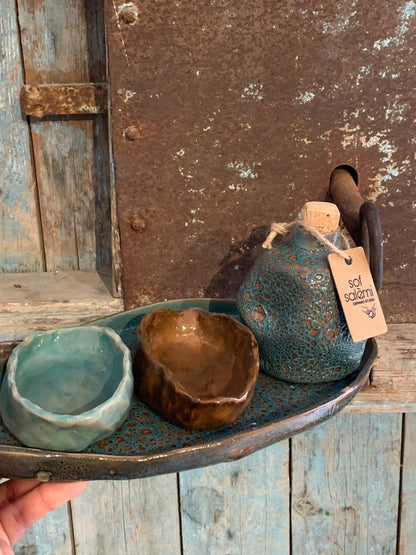 Olive Oil Table Top Set – Hand-Painted Ceramic Plate, Oil Bottle, and Small Bowls