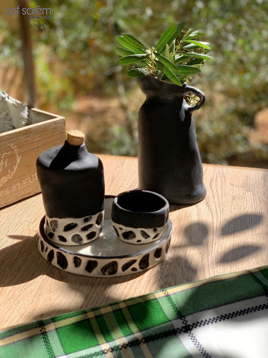 Olive Oil Table Top Set – Hand-Painted Ceramic Plate, Oil Bottle, and Small Bowl