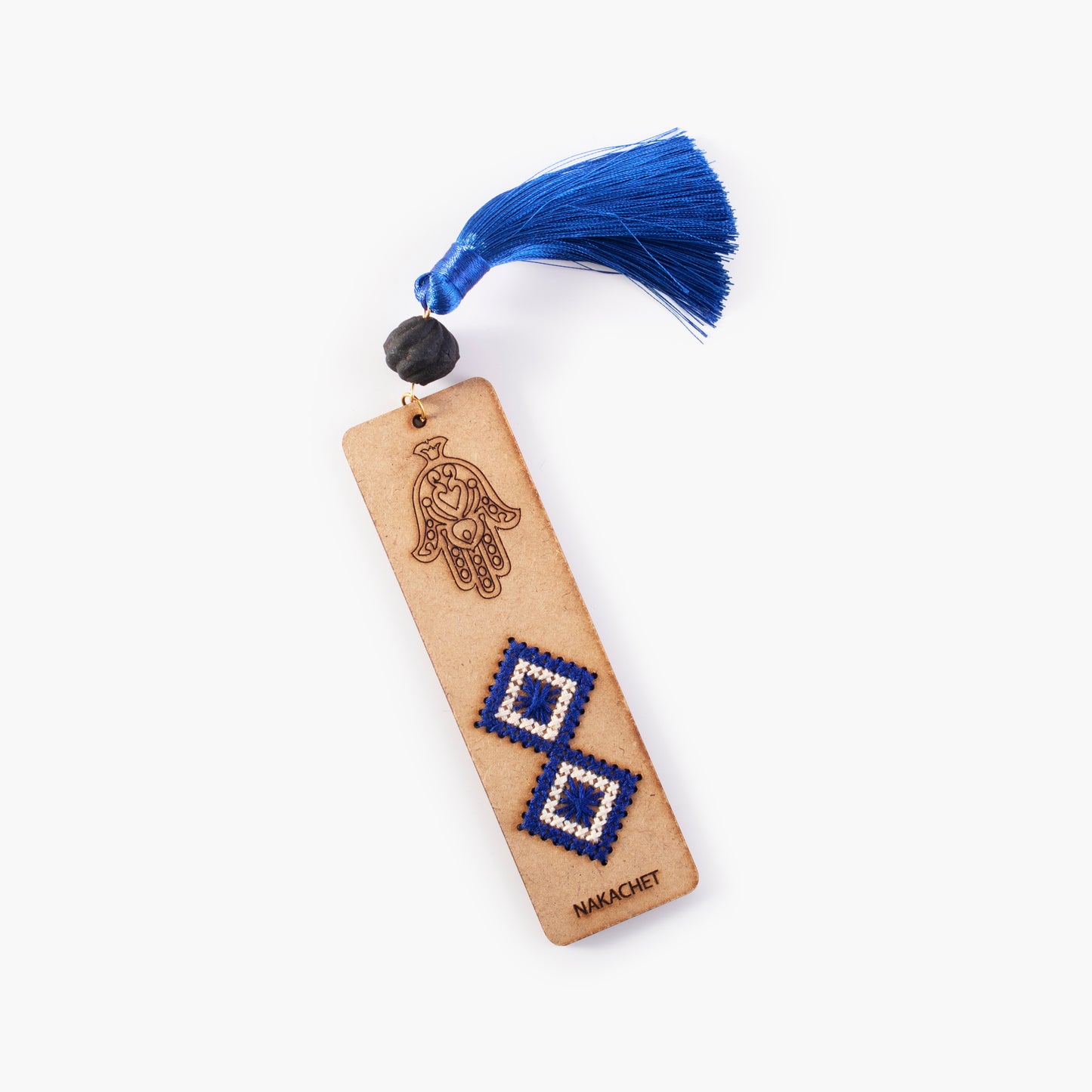 Wooden Bookmark, with embroidery and a handmade thread pom-pom