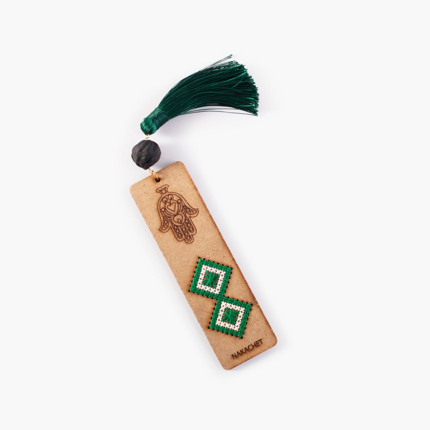 Wooden Bookmark, with embroidery and a handmade thread pom-pom