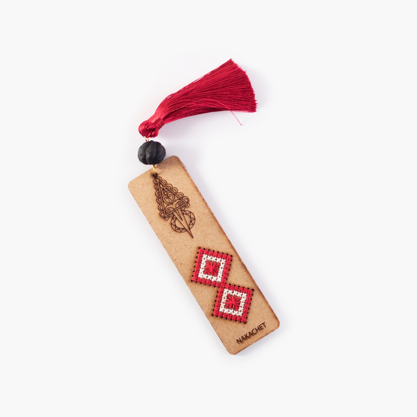 Wooden Bookmark, with embroidery and a handmade thread pom-pom