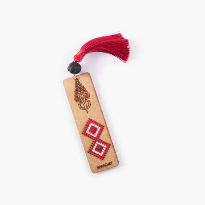 Wooden Bookmark, with embroidery and a handmade thread pom-pom