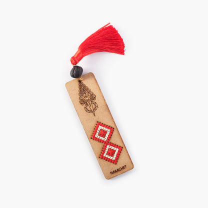 Wooden Bookmark, with embroidery and a handmade thread pom-pom