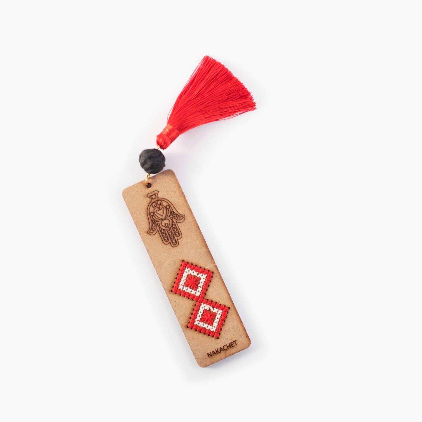 Wooden Bookmark, with embroidery and a handmade thread pom-pom